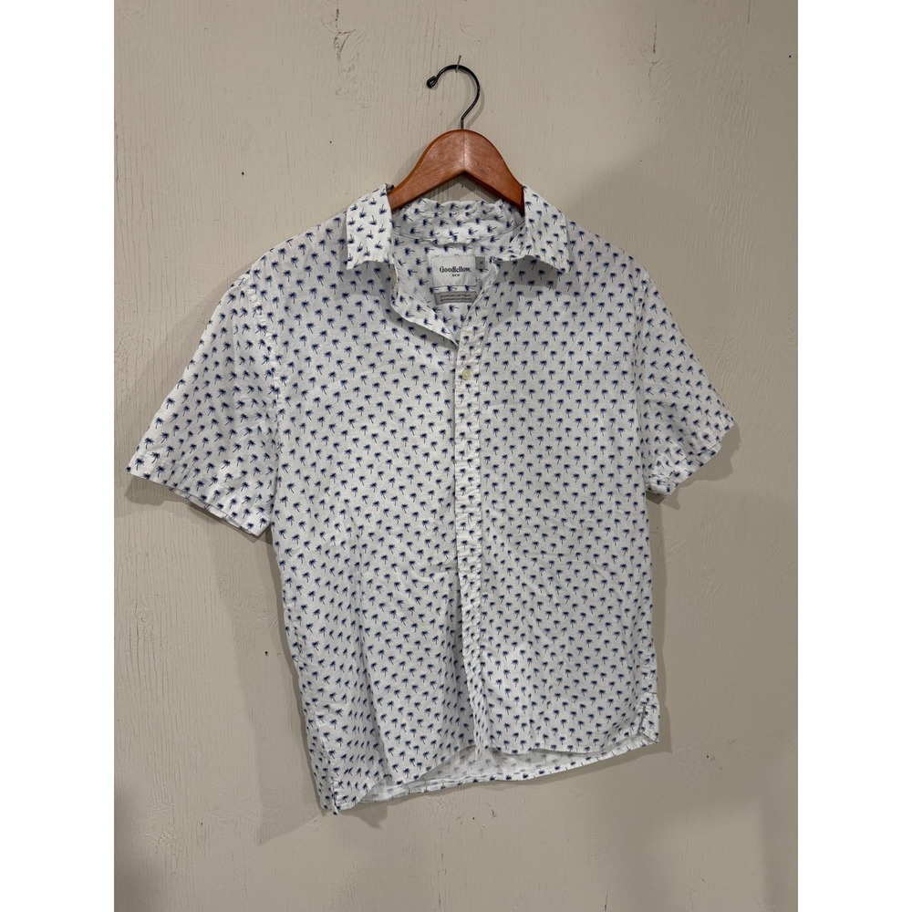 Goodfellow & Co Mens Medium White Blue Palm Tree Short Sleeve Button Down Shirt